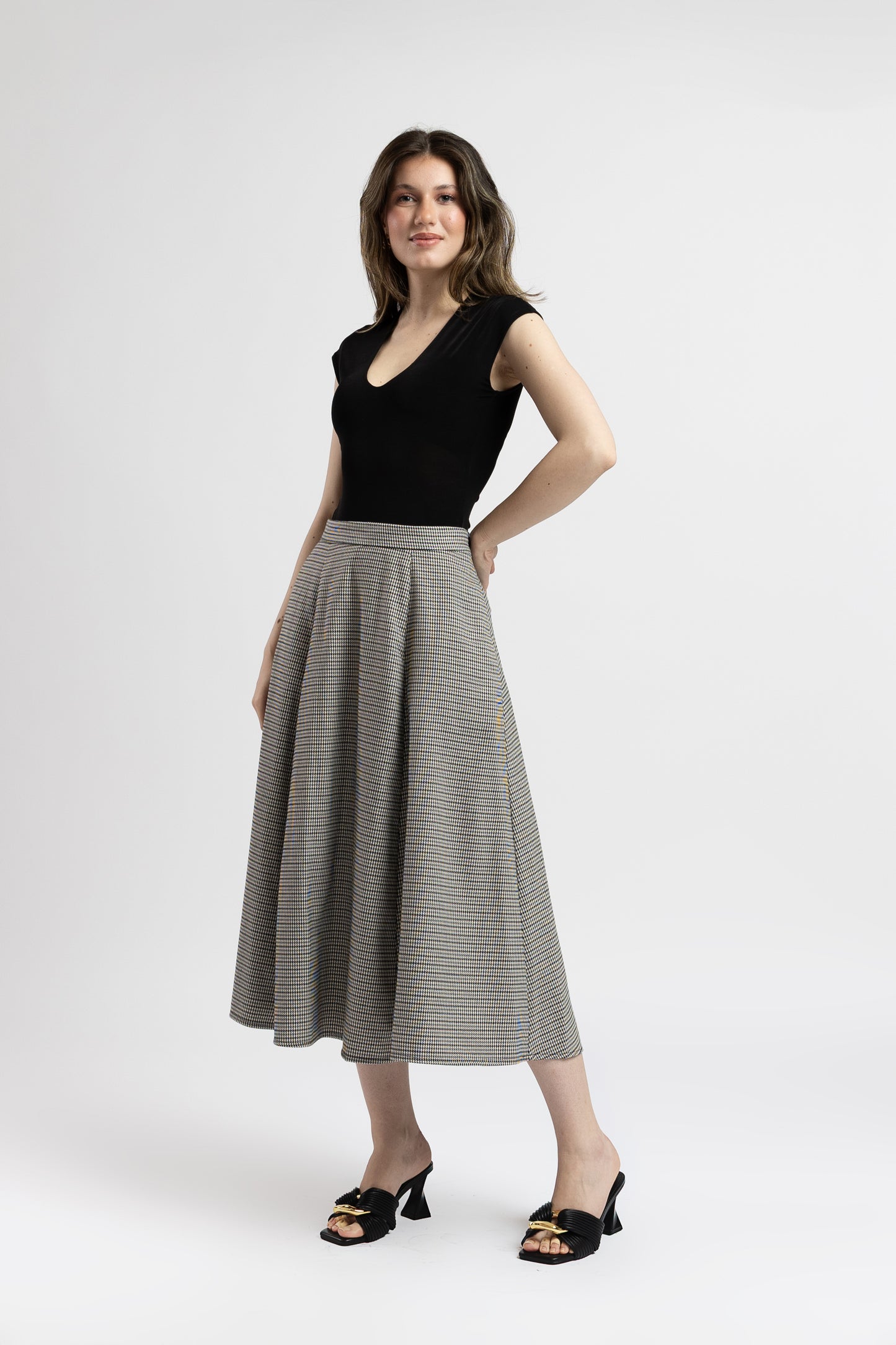 Fustă Midi Cloș cu Carouri Fine