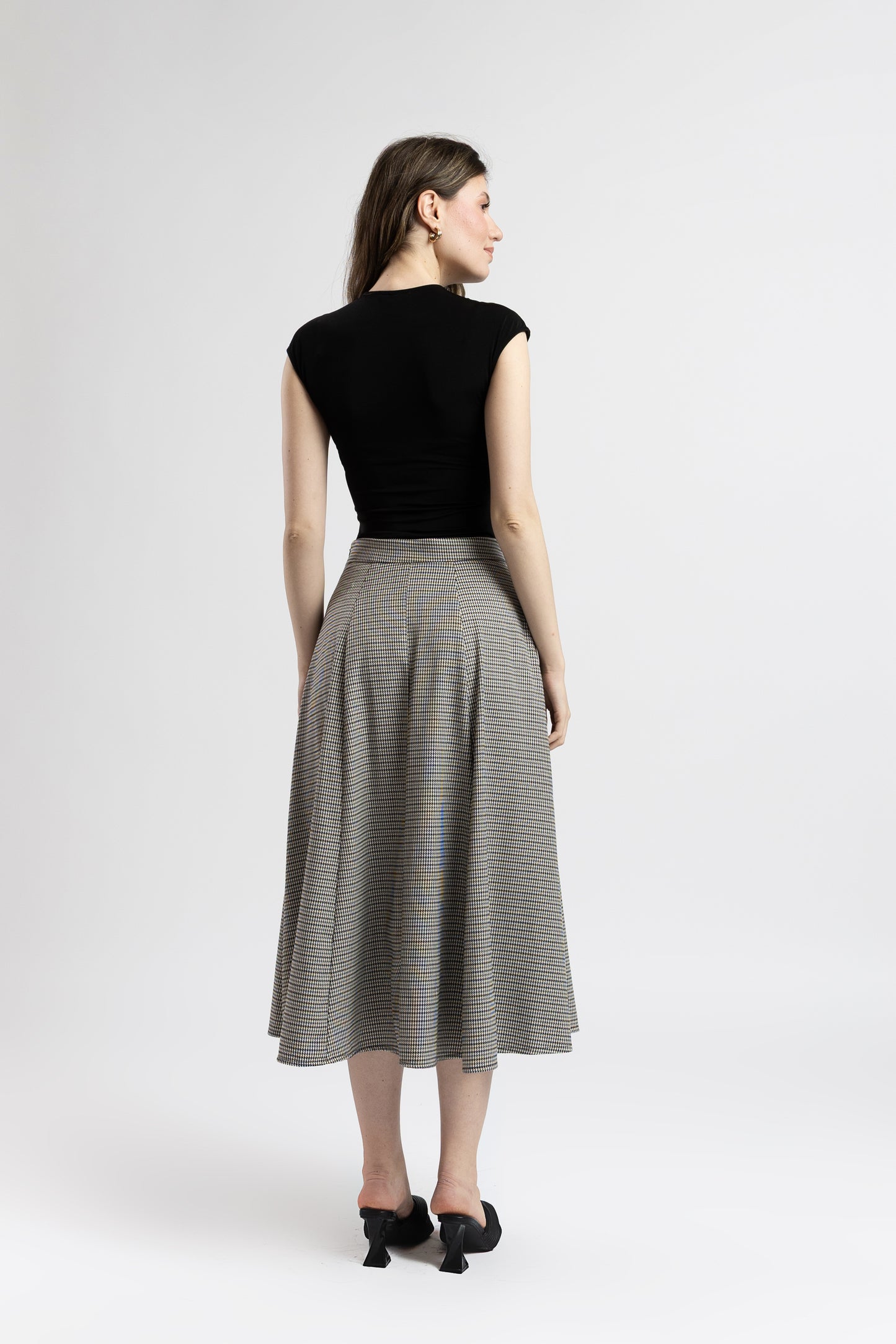 Fustă Midi Cloș cu Carouri Fine