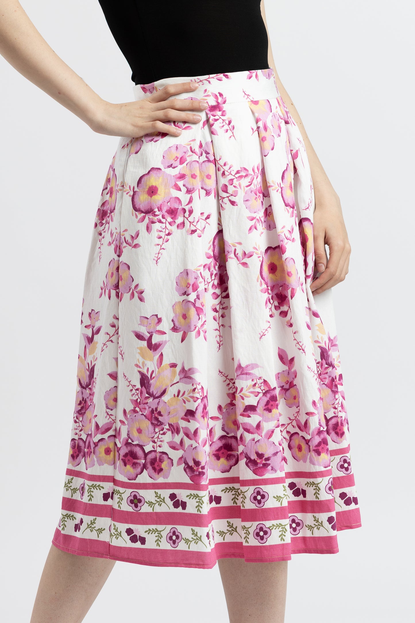 Fustă Midi cu Imprimeu Floral și Bordură Decorativă