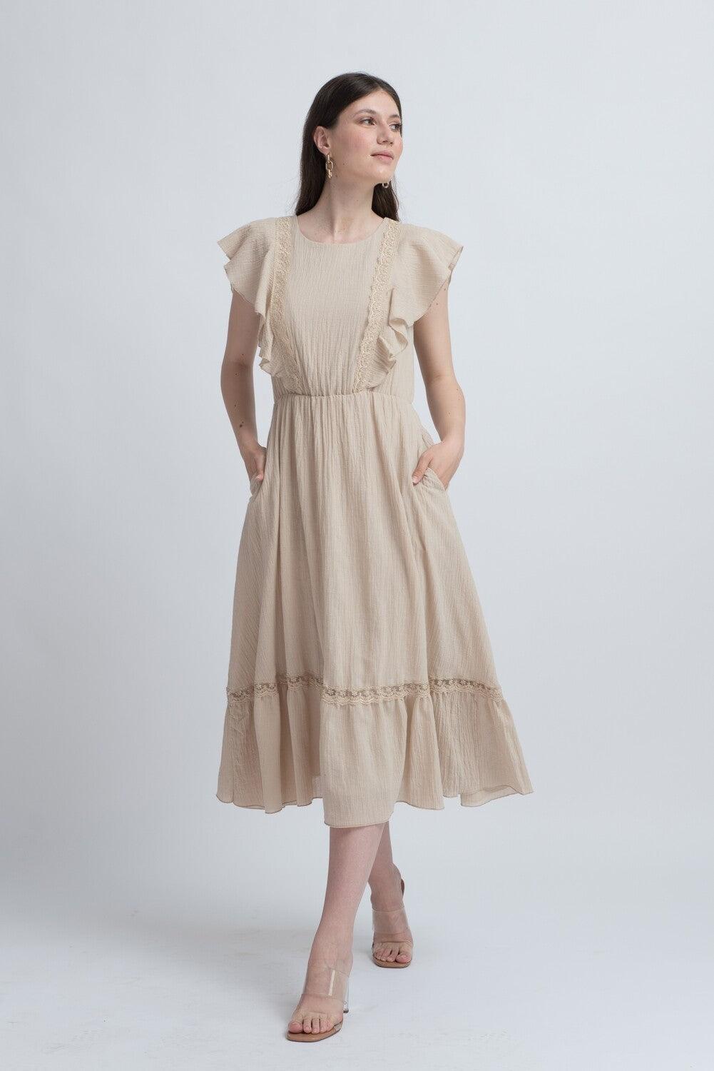 Rochie Bej cu Inserții din Dantelă - Sissel